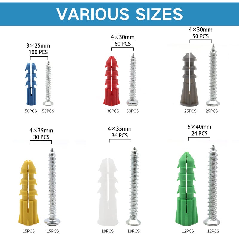 Tkiaea Drywall Anchors and Screws Kit 300Pcs, 150 Wall Anchors, 150 Drywall Screws, Including 6 Different Sizes - Image 2